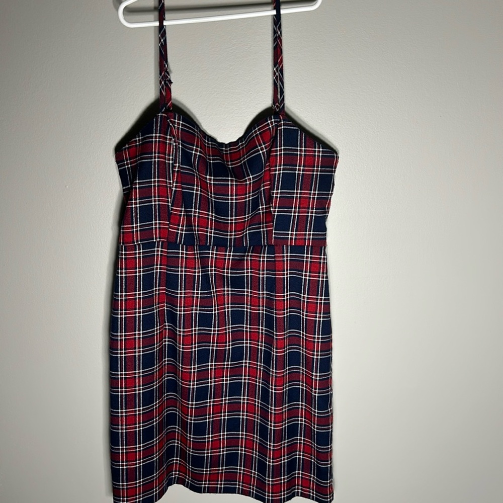 Plaid mini dress; navy, red, and white